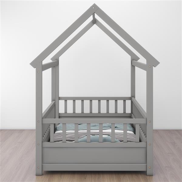 Twin Size Floor Wooden Bed with House Roof Frame, Fence Guardrails,Grey