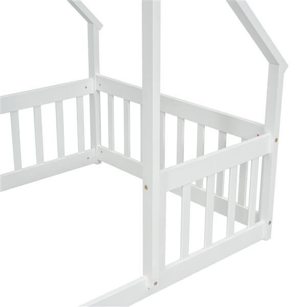 Twin Wood House-Shaped Floor Bed with Fence, Guardrails ,White