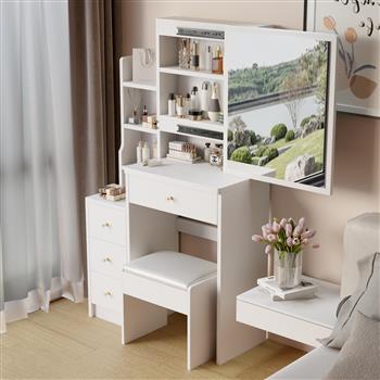 Small Space Left Bedside Cabinet Vanity Table + Cushioned Stool, Extra Large Right sliding mirror, Multi Layer High Capacity Storage, Practical Fashionable Dresser, Suitable for Girls Up to 5.6ft Tall