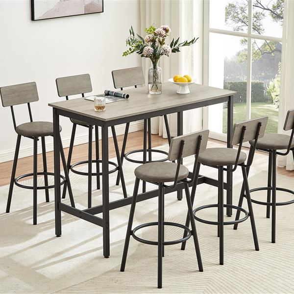 Pub High Dining Table 7 Piece Set, Industrial Style Pub Table, 6 PU Leather Bar Chairs for Kitchen Breakfast Table, Living Room, Bar, Rustic Grey, 47.2″L x 23.6"W x 35.4"H