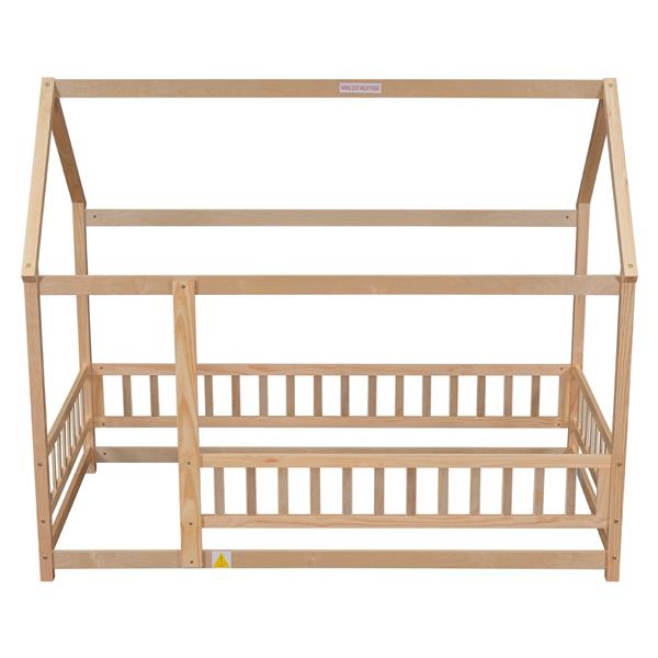 Twin Size Floor Wooden Bed with House Roof Frame, Fence Guardrails,Natural