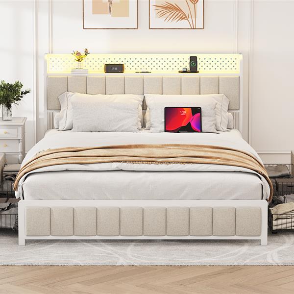 Queen Size Platform Bed with 4 Drawers, Metal Bed Frame with LED Lights and Charging Station, No Box Spring Needed, (Beige),  Noise Free,Easy Assemble.