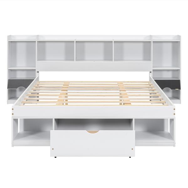 Queen Size Wood Platform Bed with Multi-storage Headboard and a Drawer, White(Expected Arrival Time: 6.16)