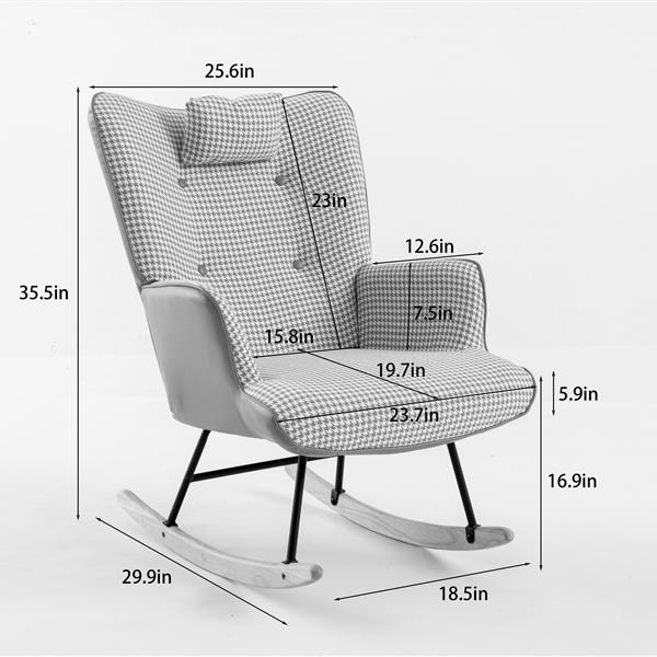 35.5 inch Rocking Chair, Soft Houndstooth Fabric Leather Fabric Rocking Chair for Nursery, Comfy Wingback Glider Rocker with Safe Solid Wood Base for Living Room Bedroom Balcony (light grey)