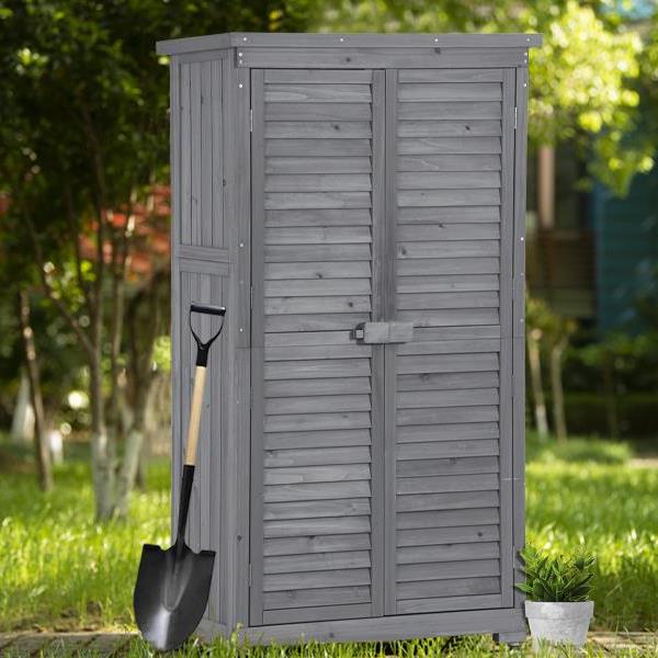 Wooden Garden Shed 3-tier Patio Storage Cabinet Outdoor Organizer Wooden Lockers with Fir Wood (Gray Wood Color -Shutter Design)