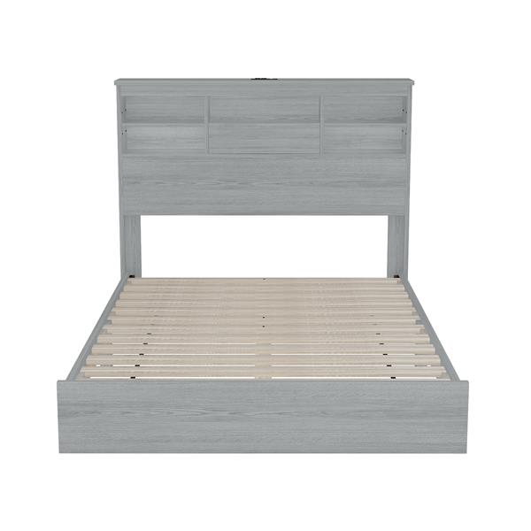 Queen Size Vintage Platform Bed,With Storage Headboard and Charging Station, Light Gray