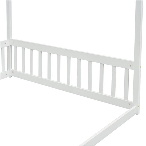 Full Size Canopy Frame Floor Bed with Fence, Guardrails,White