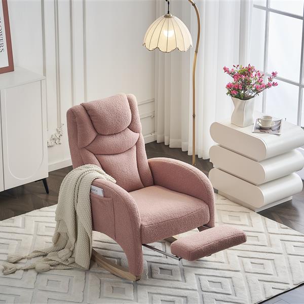 052-Teddy Fabric Nursery Rocking Chair With Adjustable Footrest,Pink