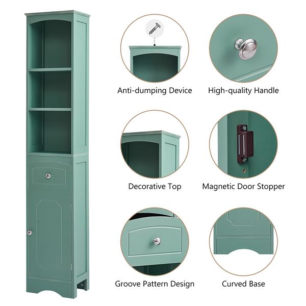 Tall Bathroom Cabinet, Freestanding Storage Cabinet with Drawer, MDF Board, Adjustable Shelf, Green