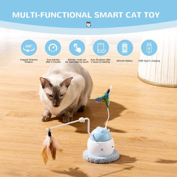 Automatic Interactive Cat Toy 4 in 1 Rechargeable Cat Laser Toy for Indoor Moving Feather Hide and Seek Cat Toy Automatic Exercise and Relieve Boredom Toy (Blue）