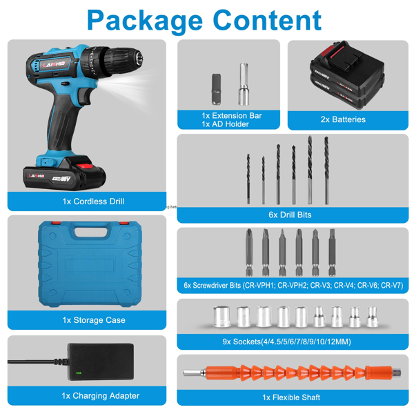 Cordless Drill Set With 2Pcs 28V Batteries and Charger 2 Variable Speeds 3/8In Keyless Chuck 265ln-lbs 25+3 Torque Positions Included 24Pcs Drill Bits For Home Car Repair Handmade