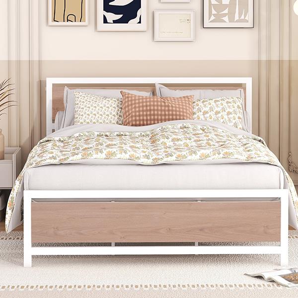 Queen Size Platform Bed, Metal and Wood Bed Frame with Headboard and Footboard , White