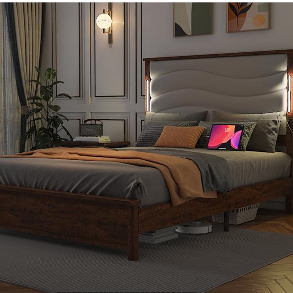 Queen Size Bed Frame with Upholstered Headboard, Queen Bed Frame with Charging Station and LED Lights, Wood Slats, Beige Linen,  No Box Spring Needed, Easy Assembly