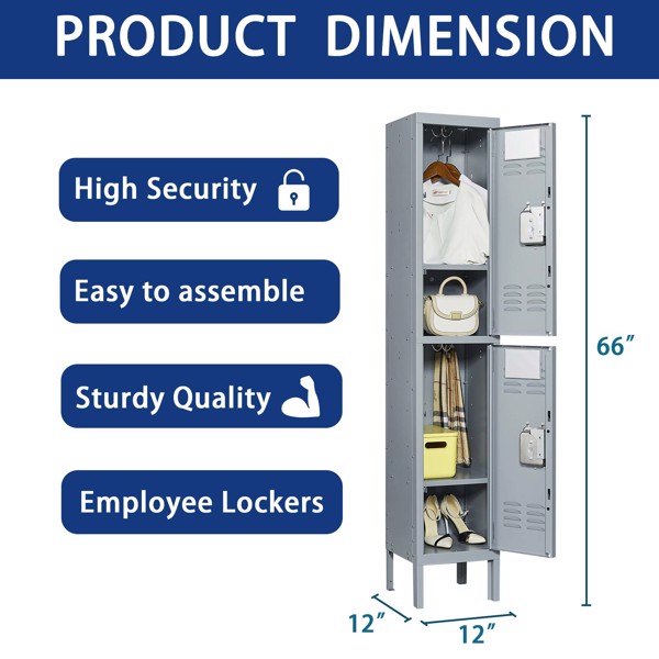 2 Door 66"H Metal Lockers With Lock for Employees,Storage Locker Cabinet for Home Gym Office School Garage,Gray