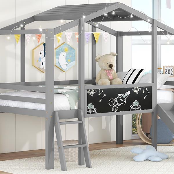 Twin Size Loft Bed with Ladder and Slide, House Bed with Blackboard and Light Strip on the Roof, Gray