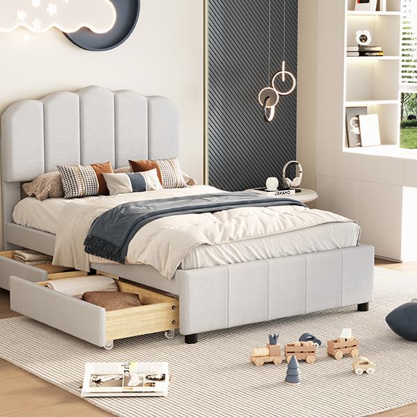 Twin Size Upholstered Bed with 2 Storage Drawers,Wood Slat Support, Beige