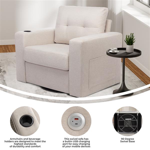 Modern Swivel Accent Sofa Chair, Ernomic Casual 90 Degree Swivel Single Sofa Seat with Drink Holder Living Room Chair ,Soft Egyptian Velvet Sofa Chair (White)