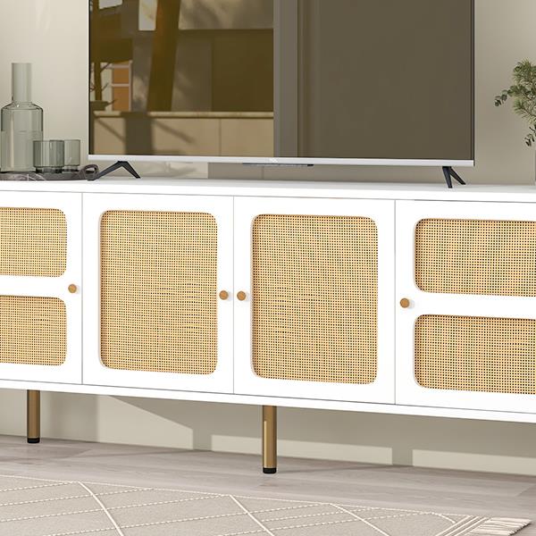 Boho style TV Stand with Rattan Door, Woven Media Console Table for TVs Up to 70'', Country Style Design Side Board with Gold Metal Base for Living Room, White.