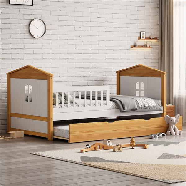 Twin Size House Shape Bed with Trundle Wooden Bed for Girls Boys Teens, No Box Spring Needed, Walnut and White