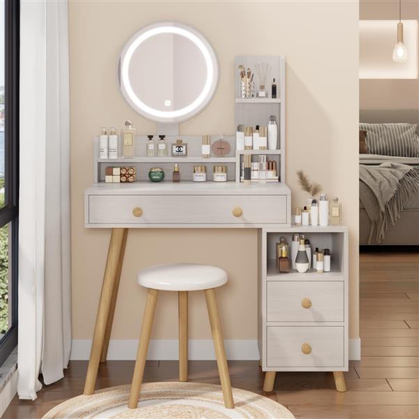 Round Mirror Bedside Cabinet Vanity Table + Cushioned Stool, 17" diameter LED Mirror, Touch Control, 3-color, Brightness adjustable, Large Desktop, Right Bedside Cabinet, Multi-layer Storage