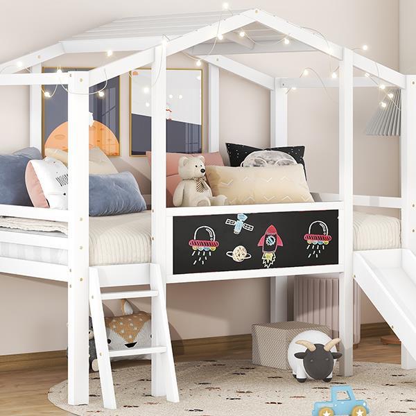 Twin Size Loft Bed with Ladder and Slide, House Bed with Blackboard and Light Strip on the Roof, White