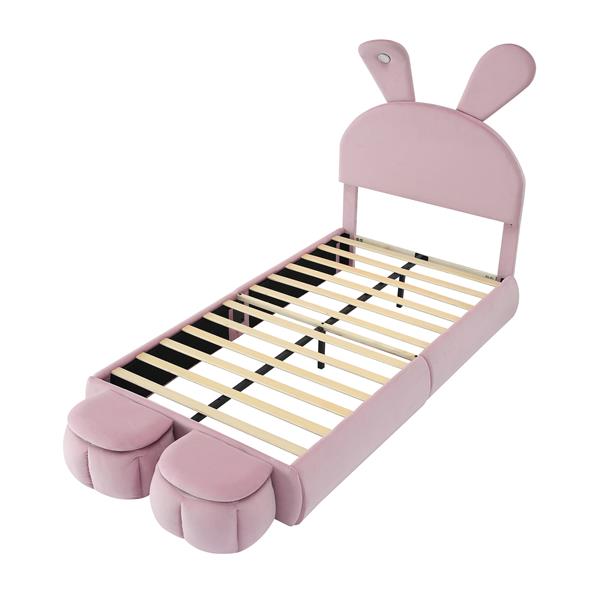 Twin Size Upholstered Platform Bed with Cartoon Ears Shaped Headboard and Light, Pink