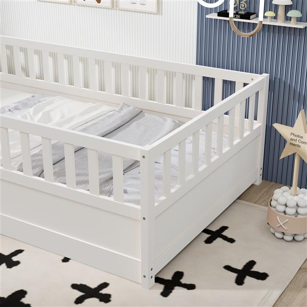 Twin Size Floor bed, integral construction with super high security barrier, door, children's floor bed frame, Montessori wooden children's floor bed, Support slat white