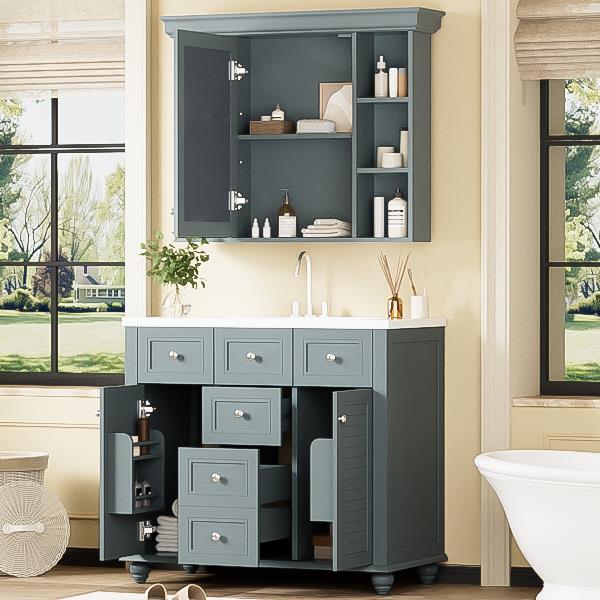 36'' Bathroom Vanity with Medicine Cabinet, Modern Mirror Cabinet with Adjustable Shelf, Bathroom Storage Cabinet with 2 Soft Closing Doors and 6 Drawers, Bathroom Vanity with Cabinet Door Organizers