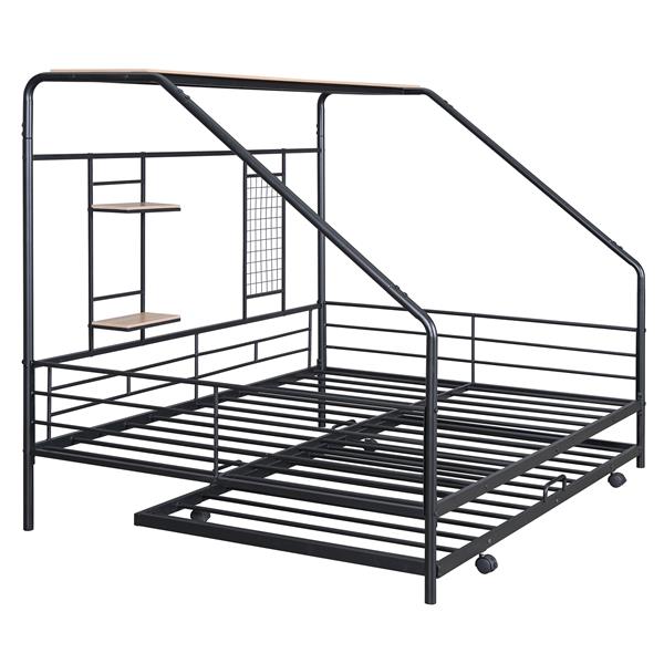 Full Size Metal House Bed with Trundle, Black