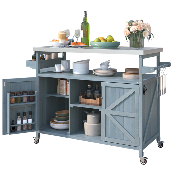 Outdoor Kitchen Island, Rolling Bar Cart & Storage Cabinet, Farmhouse Solid Wood Outdoor Grill Table with Stainless Steel Top, Spice Rack , Towel Rack for Kitchen & BBQ , Grey Blue