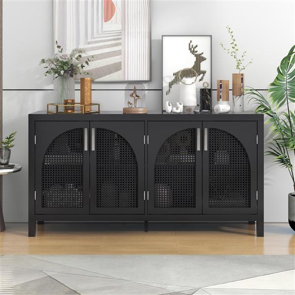 Large Storage Space Sideboard with Artificial Rattan Door and Metal Handles for Living Room and Entryway (Black)