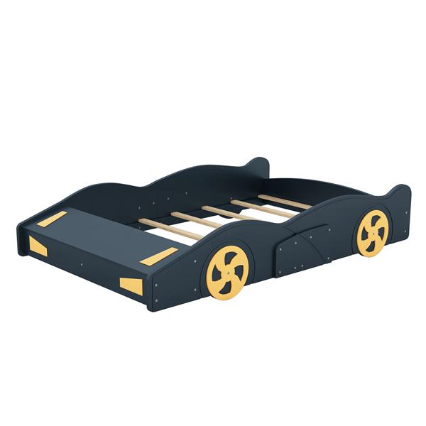 Full Size Race Car-Shaped Platform Bed with Wheels and Storage, Dark Blue+Yellow