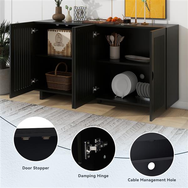 Modern Style Sideboard with Superior Storage Space, Hollow Door Design and 2 Adjustable Shelves for Living Room and Dining Room (Black)