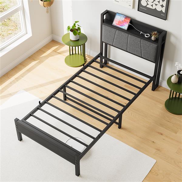 Twin Size Bed Frame, Storage Headboard with Charging Station, Solid and Stable, Noise Free, No Box Spring Needed, Easy Assembly