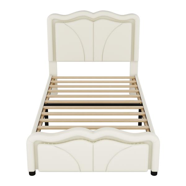 Twin Size Upholstered Platform Bed with Curve Shaped and Height-adjustbale Headboard,LED Light Strips,White