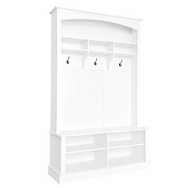 47.2'' Wide Hall Tree with Bench and Shoe Storage, Multi-functional Storage Bench with 3 Hanging Hooks & Open Storage Space, Rectangle Storage & Shelves Coat Rack for Hallway, White