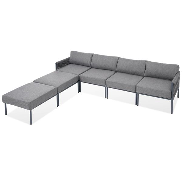 6-Pieces Aluminum Patio Furniture Set, Modern Metal Outdoor Conversation Set Sectional Sofa With Removable Olefin Extra Thick Cushions 5.9" Cushion, Grey