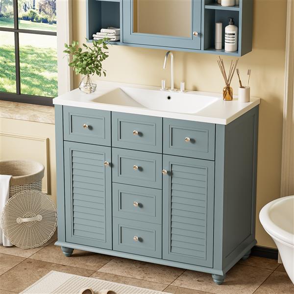 36" Bathroom Vanity Cabinet with Sink Combo Set, Undermount Resin Sink, Free Standing Vanity Set with 2 Drawers& Soft Closing Doors, Solid Wood Frame Bathroom Cabinet, Blue