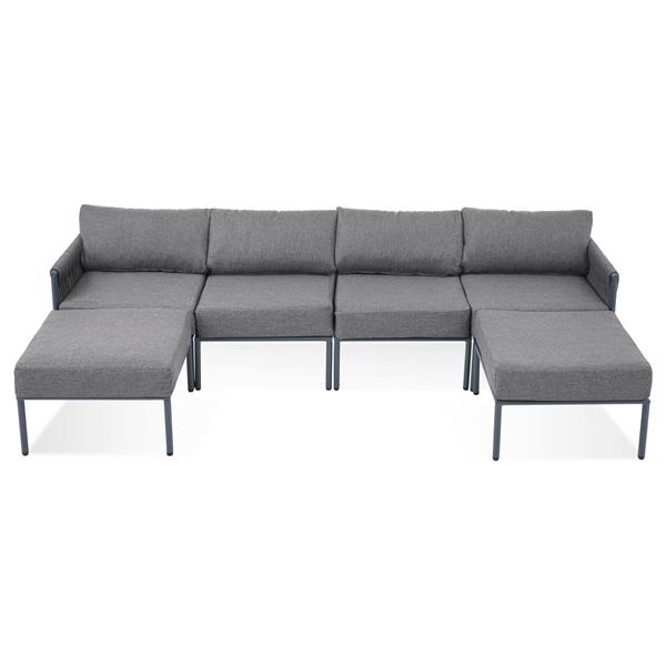 6-Pieces Aluminum Patio Furniture Set, Modern Metal Outdoor Conversation Set Sectional Sofa With Removable Olefin Extra Thick Cushions 5.9" Cushion, Grey