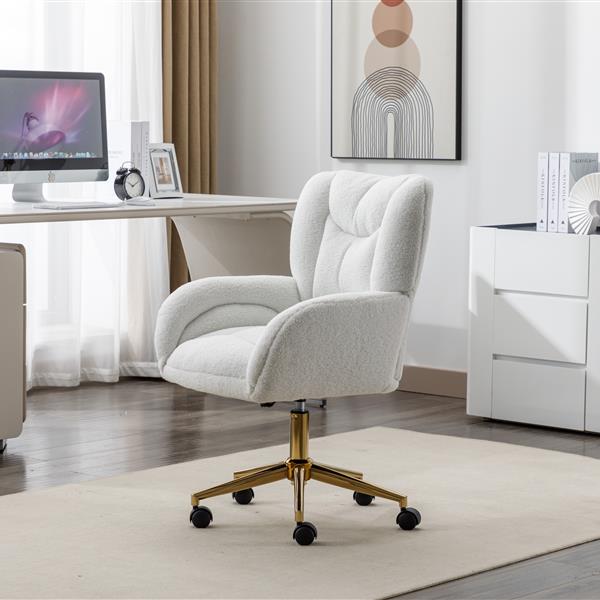 005-Teddy Fabric 360 Swivel Home Office Chair With Gold Metal Base And Universal Wheels,Ivory