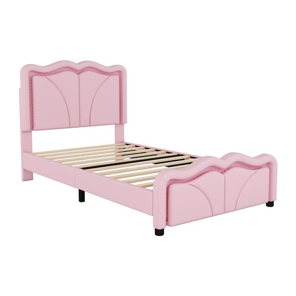 Twin Size Upholstered Platform Bed with Curve Shaped and Height-adjustbale Headboard,LED Light Strips,Pink