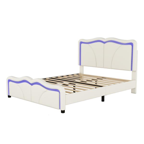 Full Size Upholstered Platform Bed with Curve Shaped and Height-adjustbale Headboard,LED Light Strips,White