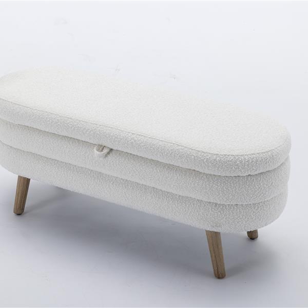 036-Boucle Fabric Storage Bench Bedroom Bench With Wood Legs For Living Room Bedroom Indoor,Ivory