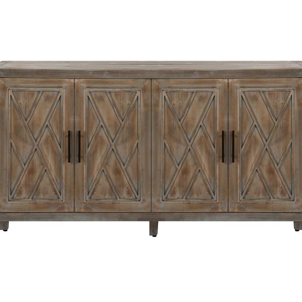 4 门木质斜纹餐柜 美式乡村复古旧式客厅餐厅门厅入口柜（棕色）-10