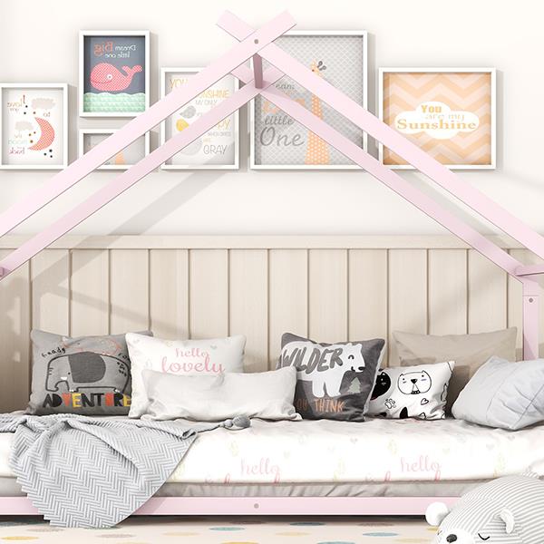 Full Size Metal House Bed, Pink