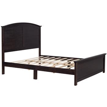 Farmhouse Wooden Platform Queen Size Bed with Curl Design Headboard and Footboard for Teenager, Espresso