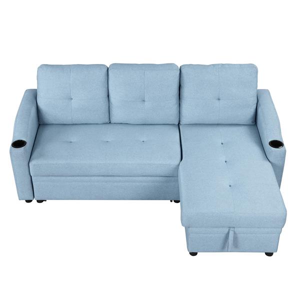 80.3". Pull Out Sofa Bed Modern Padded Upholstered Sofa Bed , Linen Fabric 3 Seater Couch with Storage Chaise and Cup Holder , Small Couch for Small Spaces