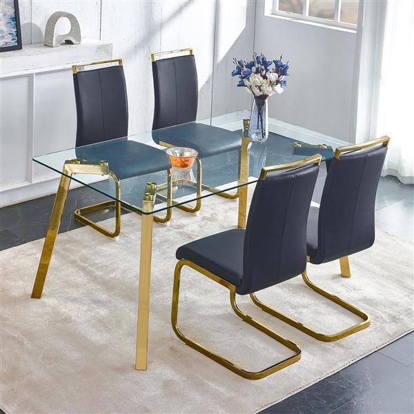 Modern minimalist style rectangular glass dining table with tempered glass tabletop and golden metal legs, suitable for kitchen, dining room, and living room, 63 inches * 35.4 inches * 30 inches