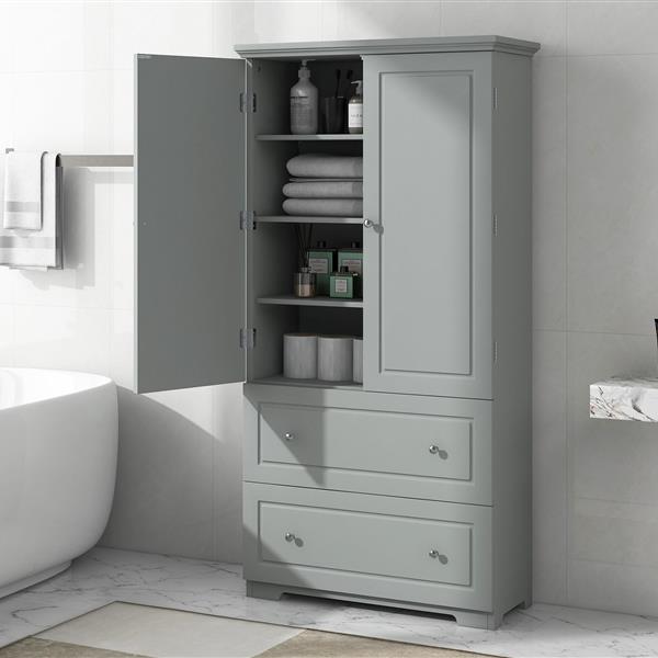 Wide Bathroom Storage Cabinet, Freestanding Storage Cabinet with Two Drawers and Adjustable Shelf, MDF Board with Painted Finish, Grey