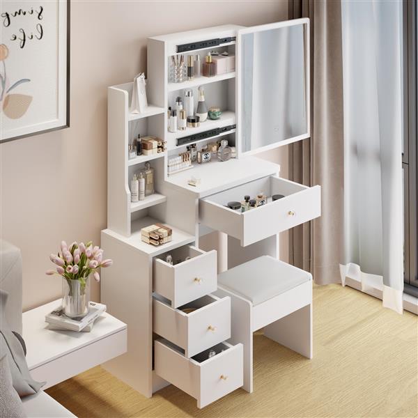 Small Space Left Bedside Cabinet Vanity Table + Cushioned Stool, Extra Large Right sliding mirror, Multi Layer High Capacity Storage, Practical Fashionable Dresser, Suitable for Girls Up to 5.6ft Tall